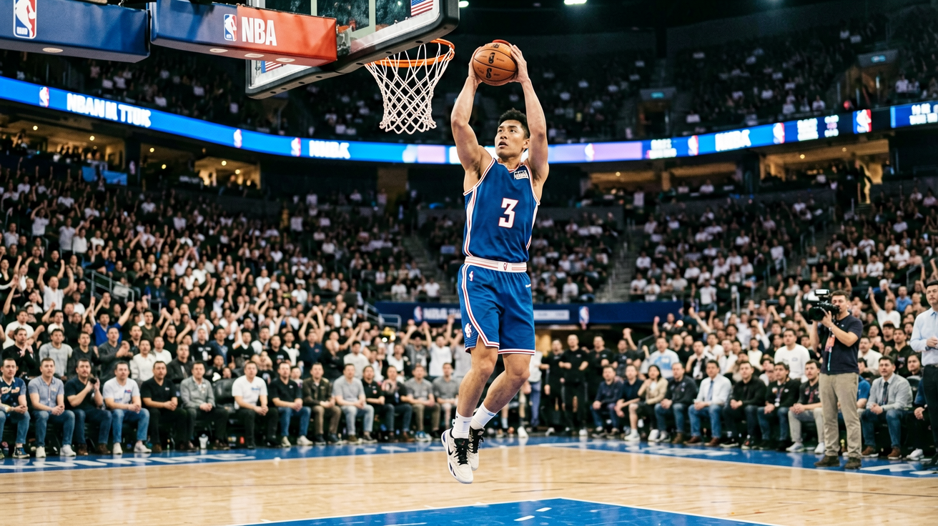 NBA篮球比赛现场，球员在空中完成扣篮